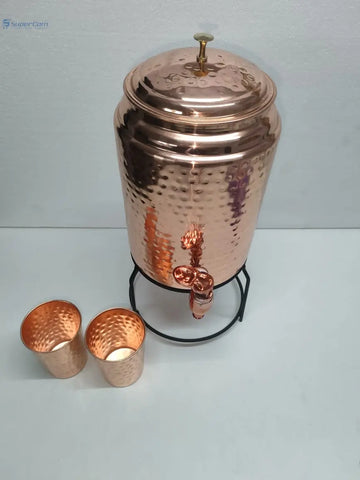 5 Liter Pure Copper Water Dispenser Set with Stand & Glasses – BPA-Free, Hammered Ayurvedic Jug for Home & Office | Detox & Alkaline Benefits - SuperCom Online Services