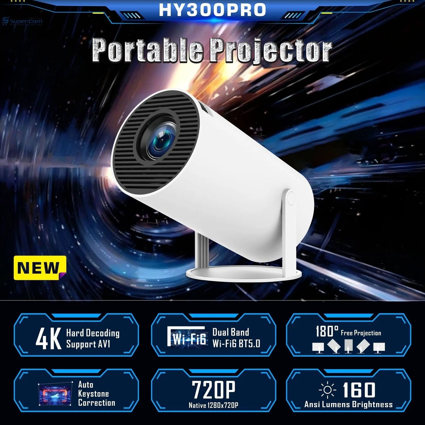 HY300 Pro Projector Home Theater Entertainment Portable Small Projector SuperCom