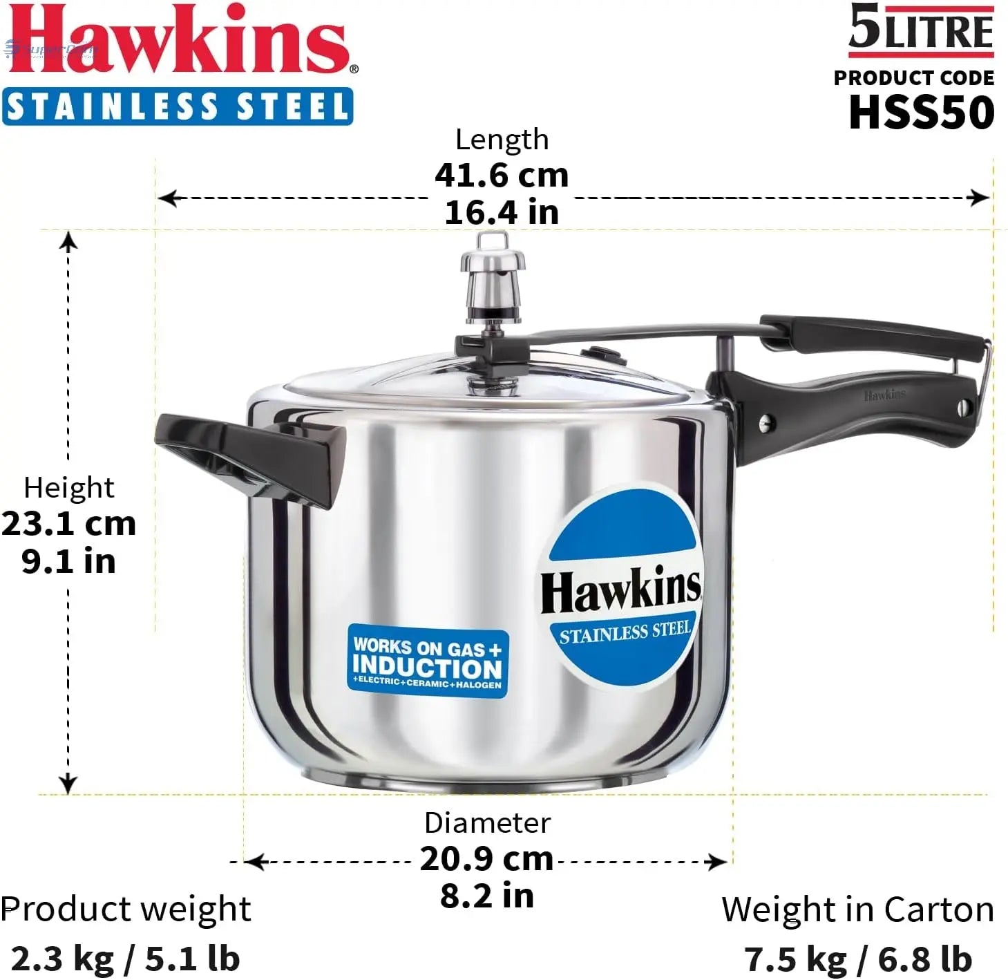 Hawkins 5 Litre Pressure Cooker, Stainless Steel Inner Lid Cooker, Induction Cooker, Silver (HSS50) Hawkins