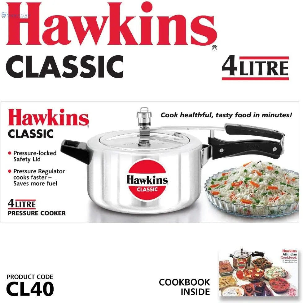 Hawkins Classic CL40 4-Liter Aluminium Pressure Cooker (Silver, Inner-Lid)