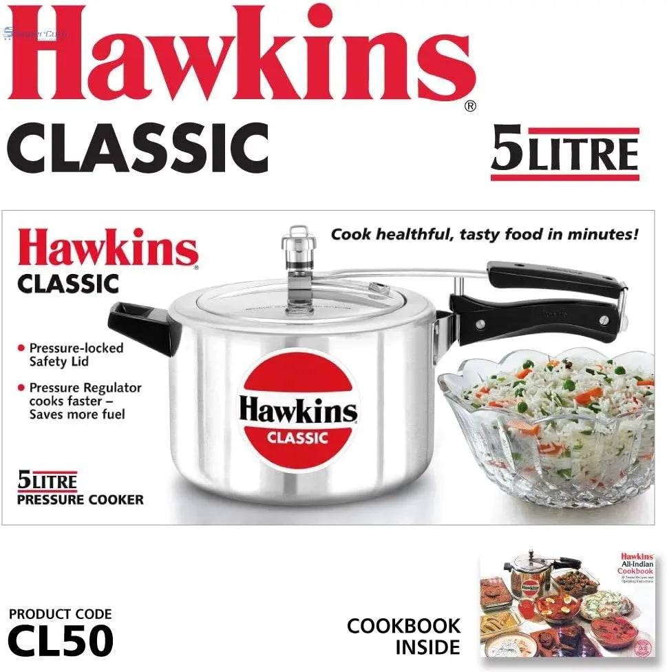 Hawkins Classic CL50 5-Liter Aluminium Pressure Cooker (Silver, Inner-Lid)