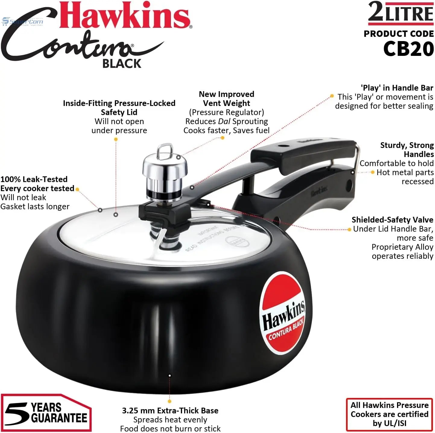 Hawkins Contura Black CB20 2-Litre Hard Anodised Pressure Cooker (Inner-Lid)