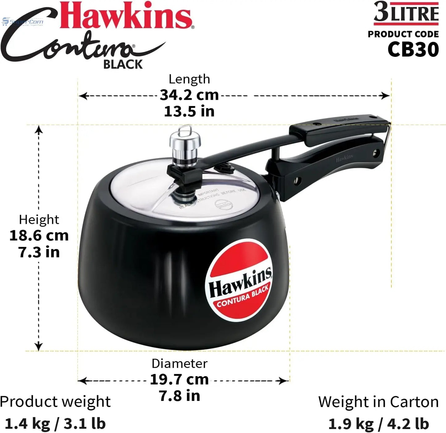 Hawkins Contura Black CB30 3-Litre Hard Anodised Pressure Cooker (Inner-Lid)