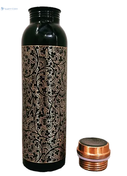 32 oz Black Floral Copper Water Bottle Ayurvedic Pure Copper Drinkware with Leak-Proof Lid SuperCom