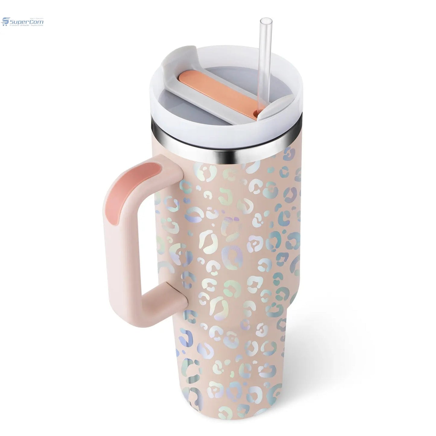 40 oz Insulated Tumbler with Handle & Straw – Stainless Steel Travel Mug, Spill Proof, Fits Car Cup Holder SuperCom