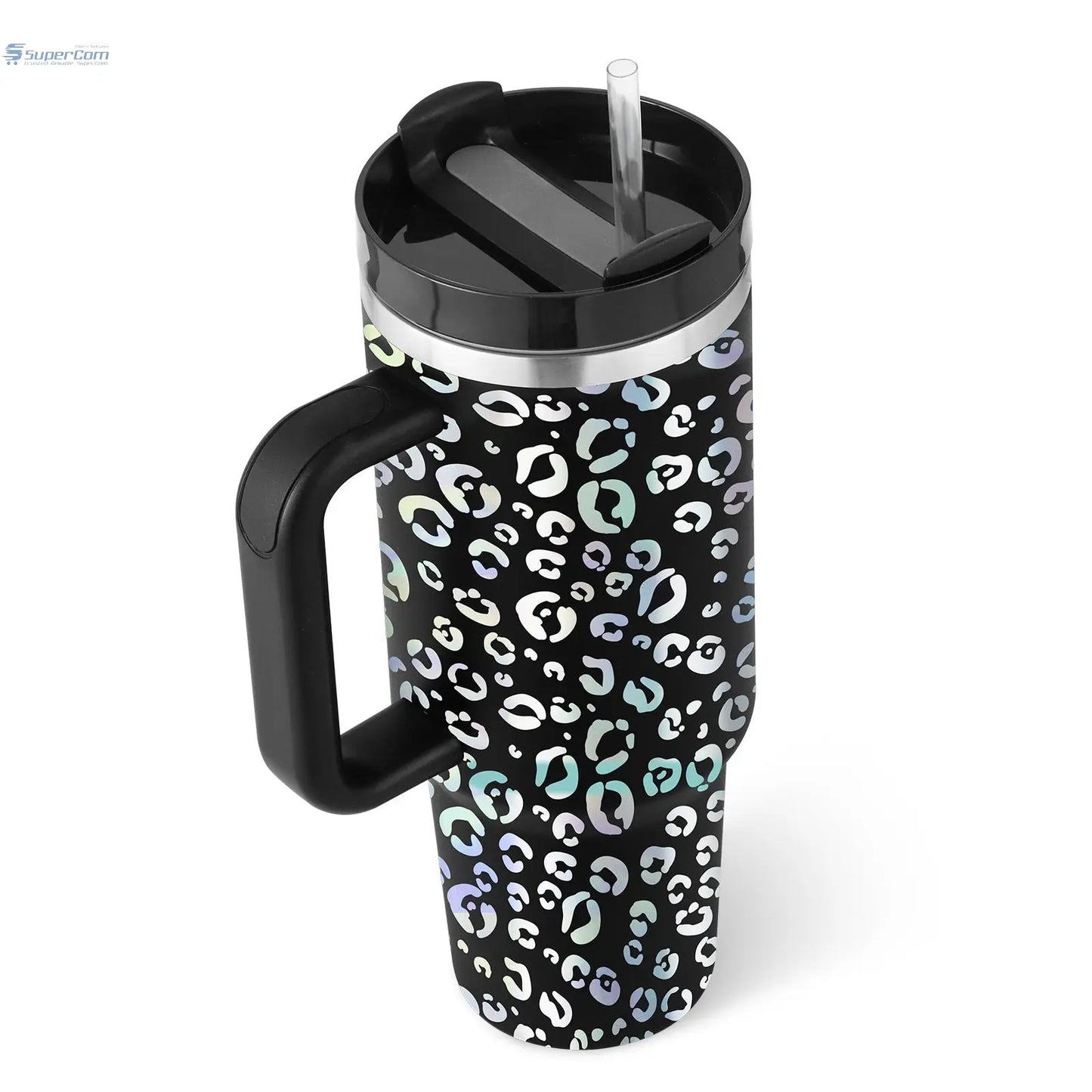 40 oz Insulated Tumbler with Handle & Straw – Stainless Steel Travel Mug, Spill Proof, Fits Car Cup Holder SuperCom