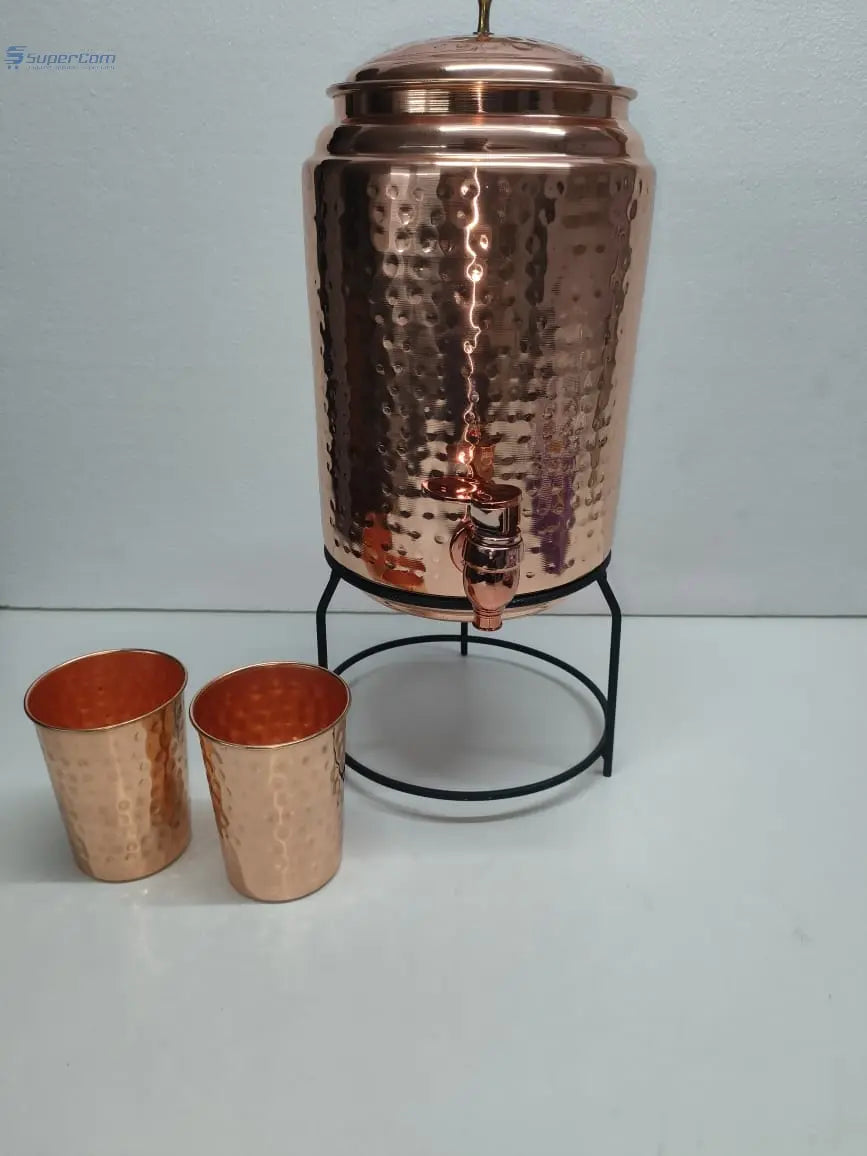 5 Liter Pure Copper Water Dispenser Set with Stand & Glasses – BPA-Free, Hammered Ayurvedic Jug for Home & Office | Detox & Alkaline Benefits - SuperCom Online Services