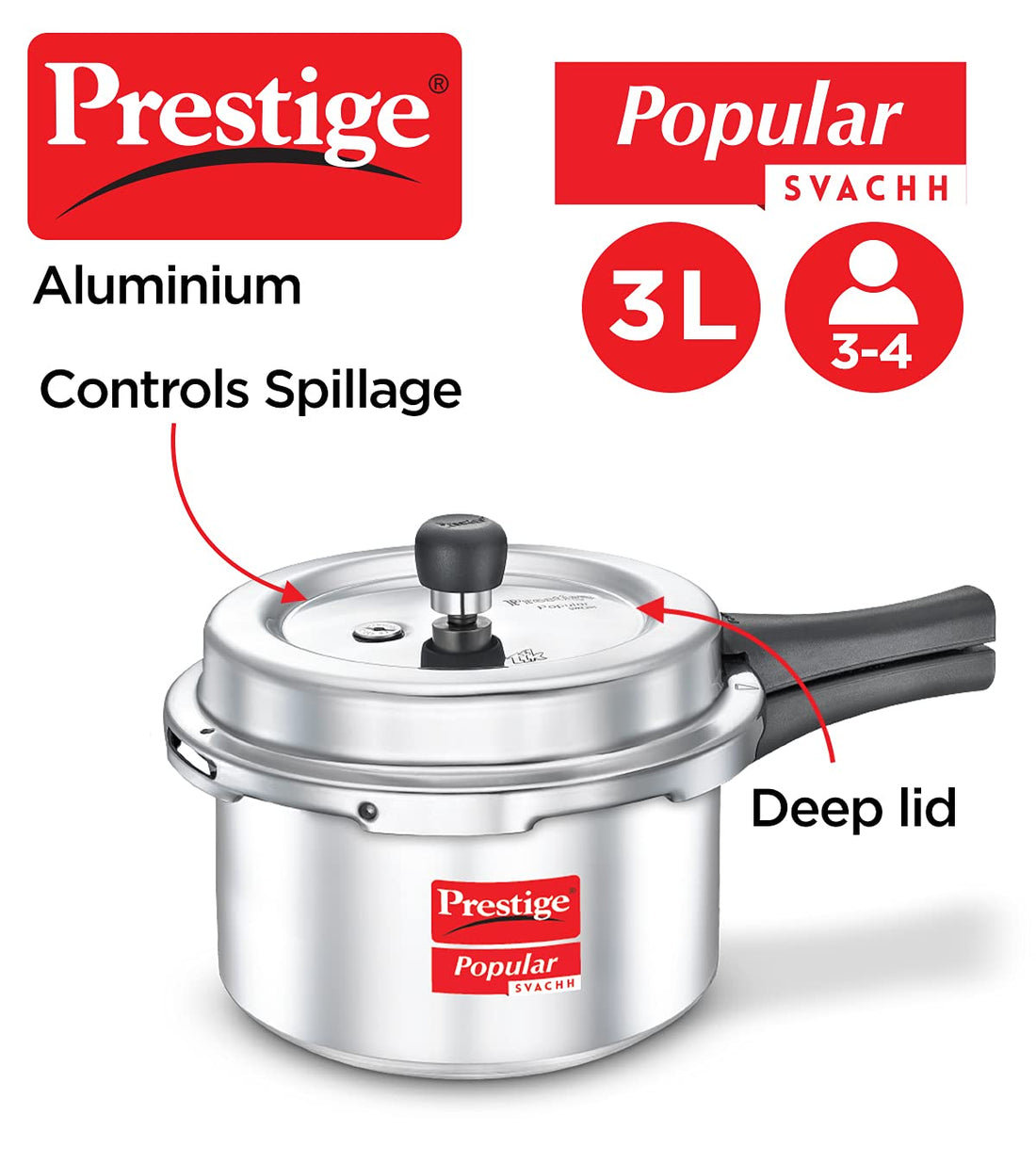 Prestige Popular Svachh 3L Aluminium Pressure Cooker – Anti-Spillage, Durable, Gas & Induction Compatible