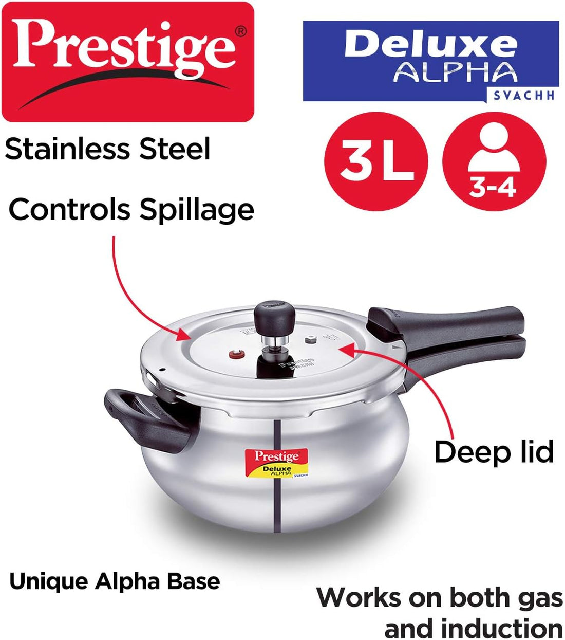 Prestige Svachh 3.5L Stainless Steel Pressure Cooker – Anti-Spillage, Induction Compatible
