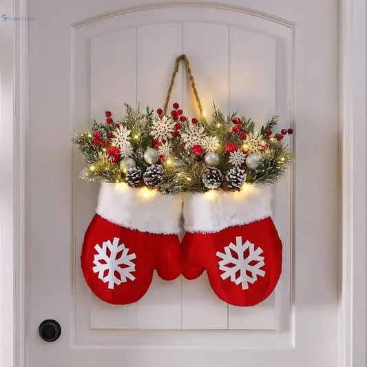 Christmas Gloves Door Wreath with LED – Hanging Garland for Door & Wall Décor