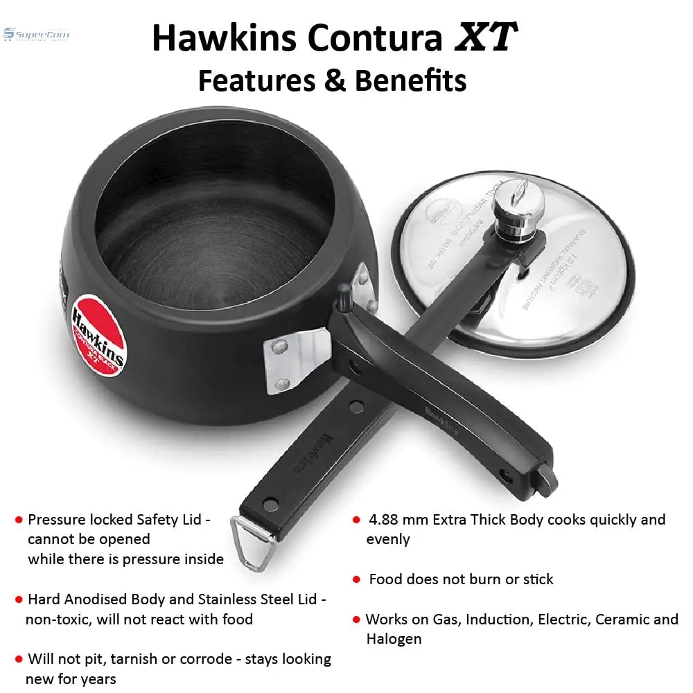 Hawkins Black XT Pressure Cooker, 1.5 Litres, Aluminium Anodised, Black - SuperCom Online Services
