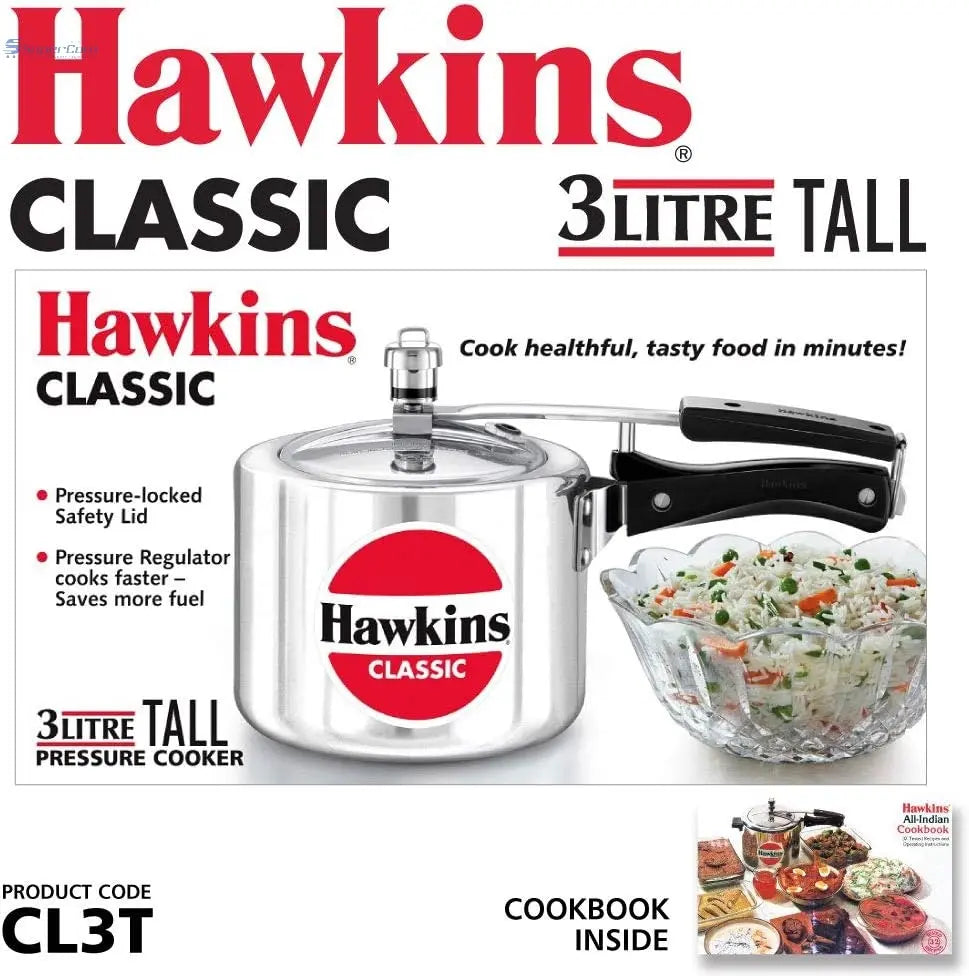 Hawkins CL3T 3-Liter Classic Tall Aluminium Pressure Cooker (Silver, Inner Lid)