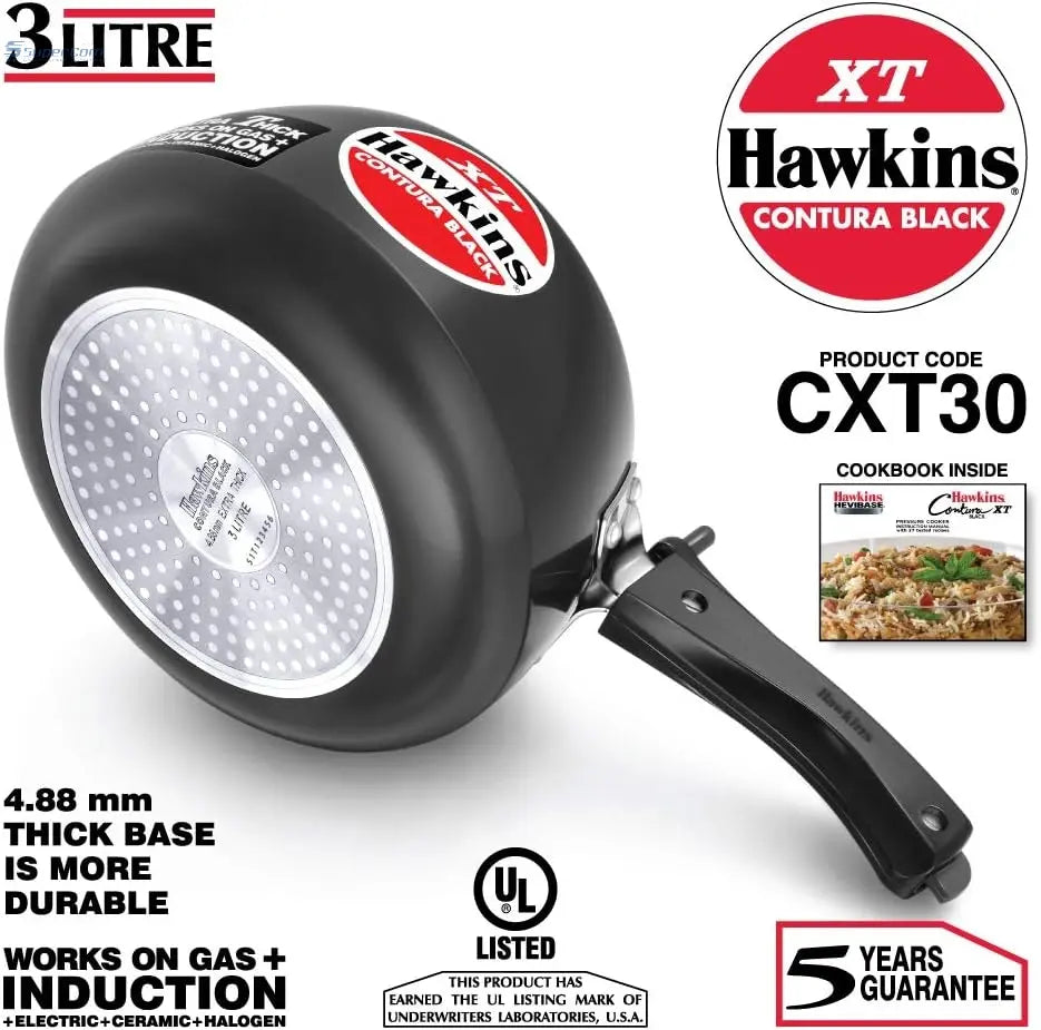 Hawkins CXT30 3-L Contura Black XT Hard-Anodised Pressure Cooker (Inner-Lid)