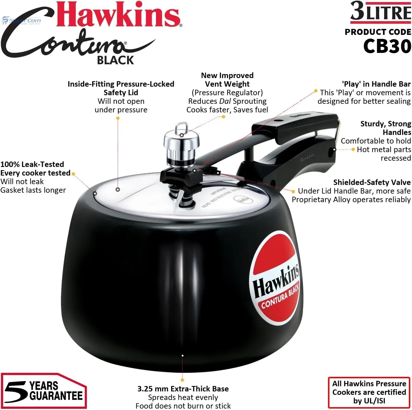 Hawkins Contura Black CB30 3-Litre Hard Anodised Pressure Cooker (Inner-Lid)