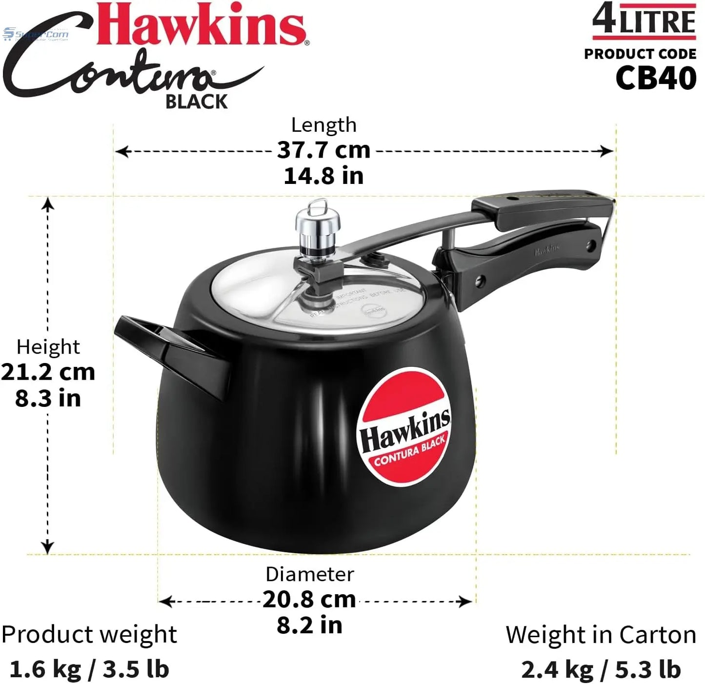 Hawkins Contura Black CB40 4-Litre Hard Anodised Pressure Cooker (Inner-Lid)