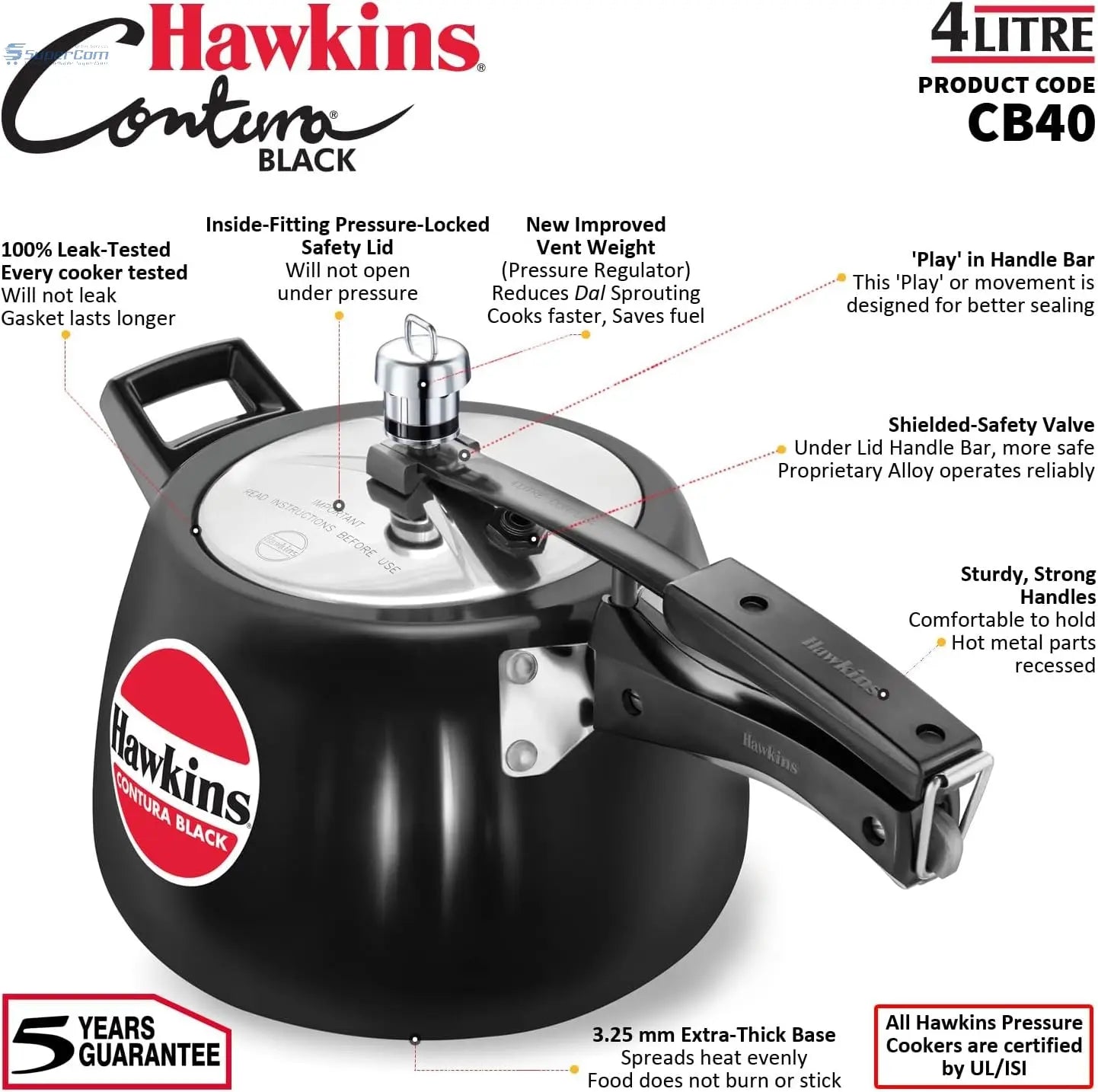Hawkins Contura Black CB40 4-Litre Hard Anodised Pressure Cooker (Inner-Lid)