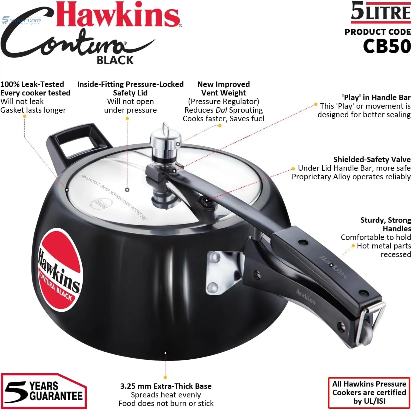 Hawkins Contura Black CB50 5-Litre Hard Anodised Pressure Cooker (Inner-Lid)