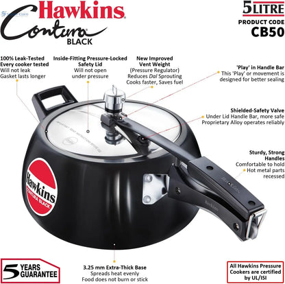 Hawkins Contura Black CB50 5-Litre Hard Anodised Pressure Cooker (Inner-Lid)