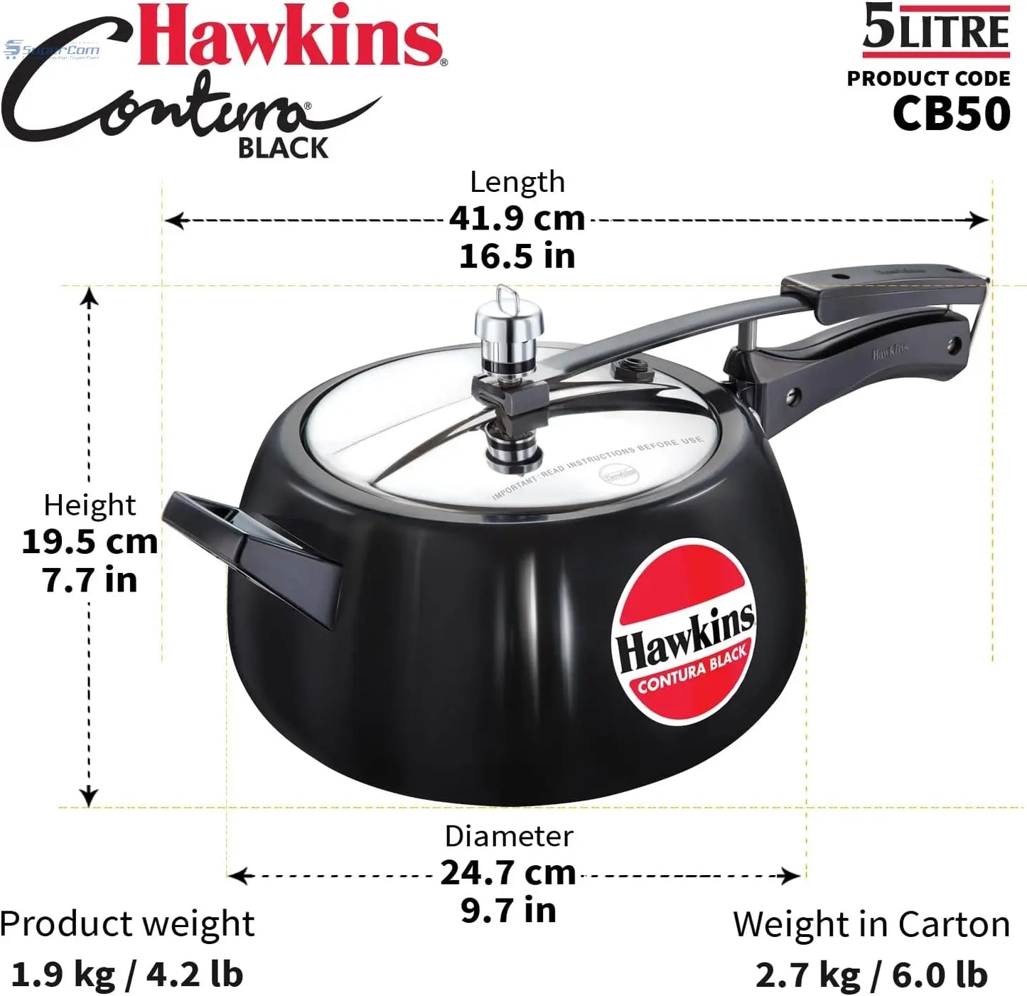 Hawkins Contura Black CB50 5-Litre Hard Anodised Pressure Cooker (Inner-Lid)