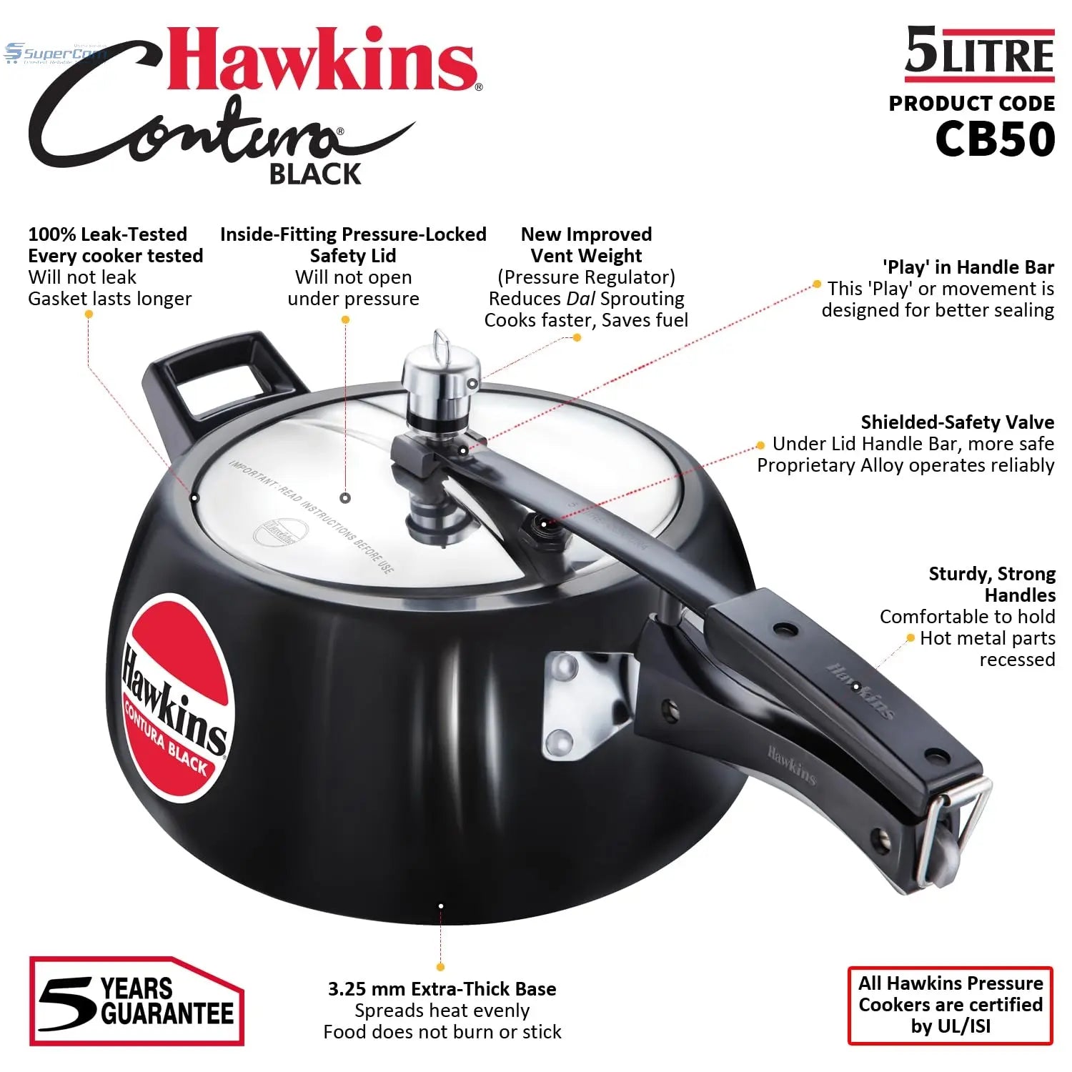 Hawkins Contura Black Pressure Cooker, 5 Litre, Black (CB50) Hawkins