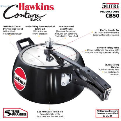 Hawkins Contura Black Pressure Cooker, 5 Litre, Black (CB50) Hawkins