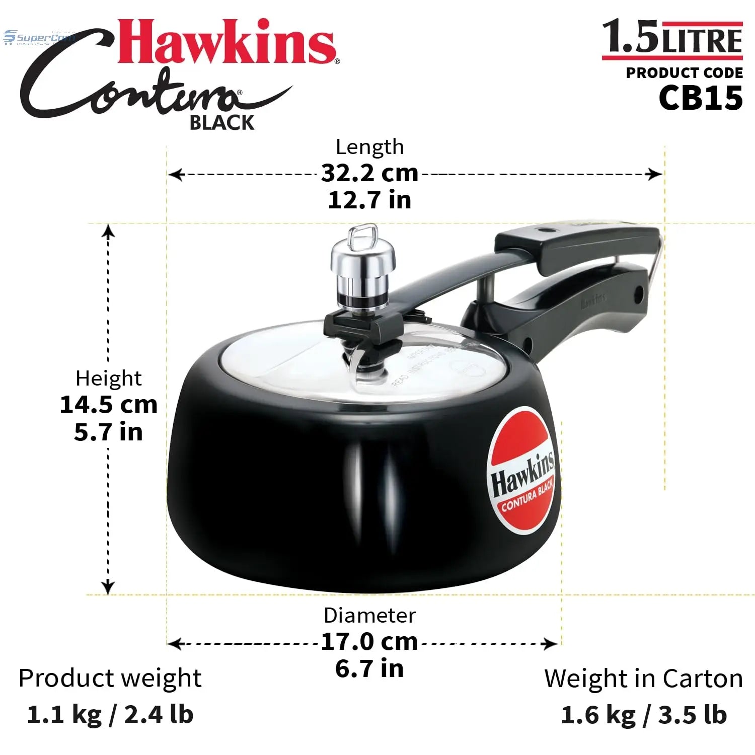 Hawkins Contura (CB15) Hard Anodised Aluminium Pressure Cooker, 1.5 Litres, Black - SuperCom Online Services