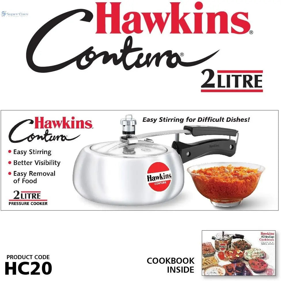 Hawkins HC20 2 Litre Contura Aluminium Pressure Cooker | Inner Lid, Silver