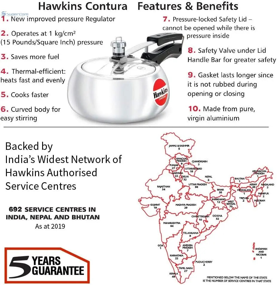 Hawkins HC20 2 Litre Contura Aluminium Pressure Cooker | Inner Lid, Silver