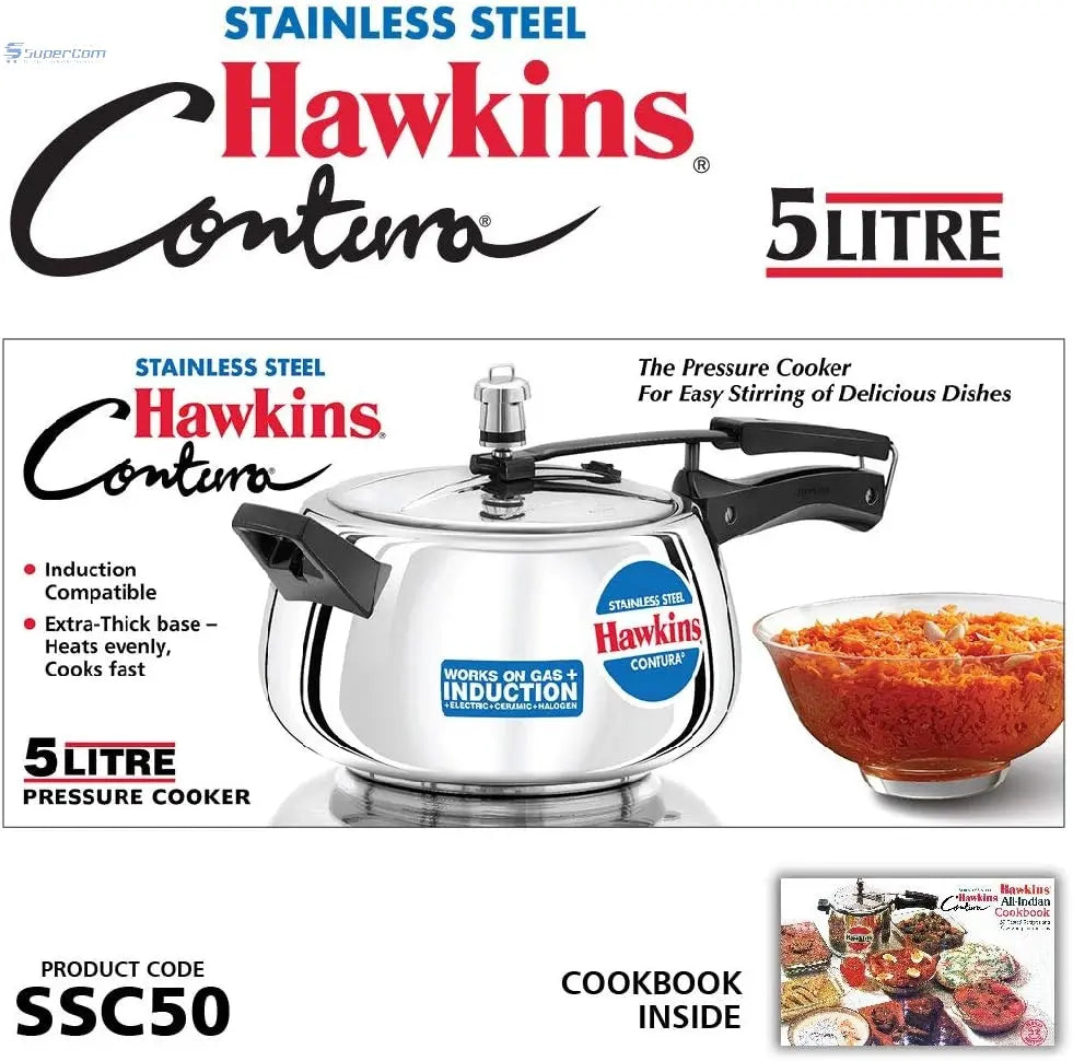 Hawkins SSC50 Stainless Steel Pressure Cooker 5 L | Gas & Induction Compatible Hawkins