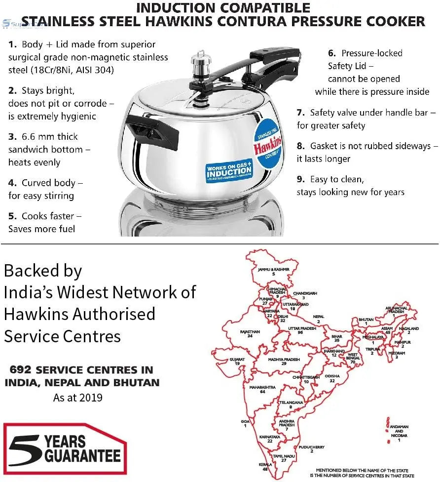 Hawkins SSC50 Stainless Steel Pressure Cooker 5 L | Gas & Induction Compatible Hawkins