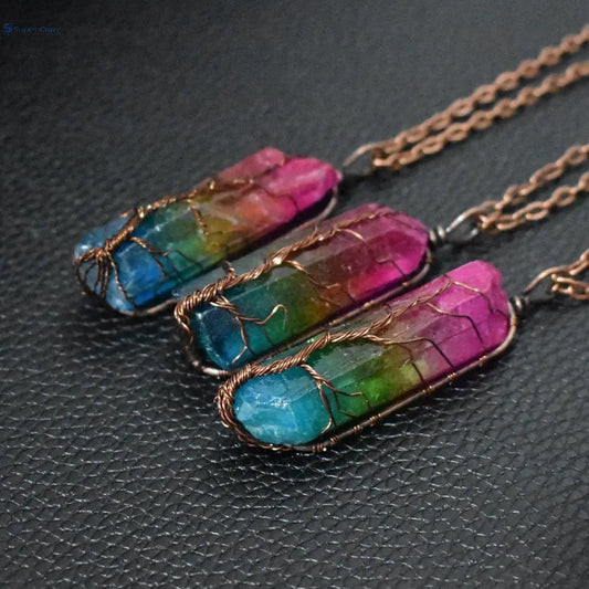 Hot Selling Stone Crystal Pillar Tree Of Life Pendant Ins Fashion Necklace SuperCom