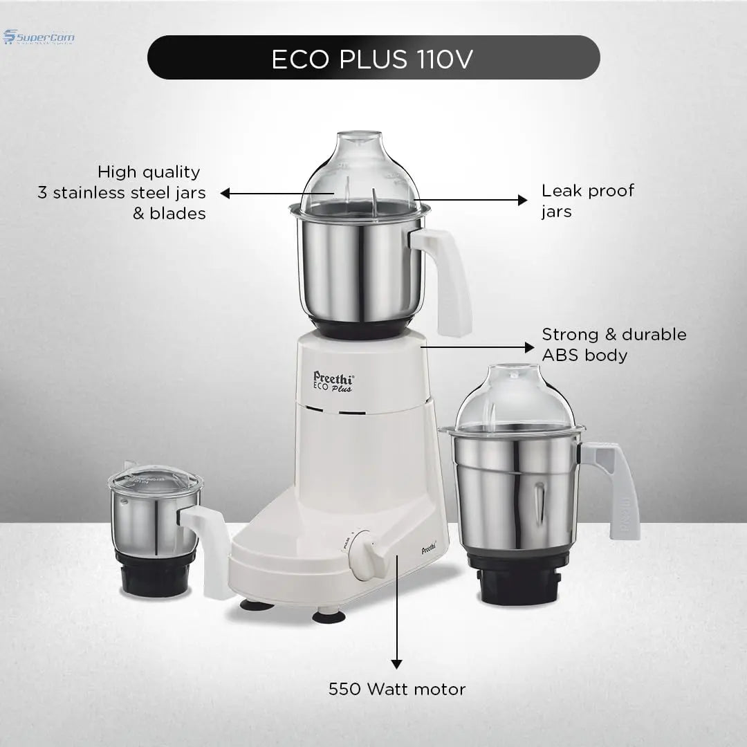 Preethi Eco Plus Mixer Grinder 110V – USA & Canada Compatible Preethi