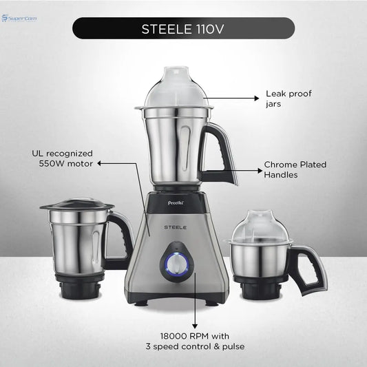 Preethi Steele Mixer Grinder – 550W -  110V for USA & Canada Preethi