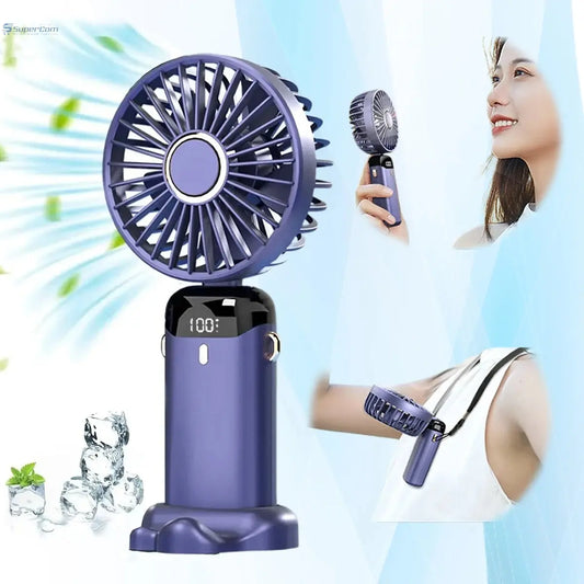 USB Rechargeable Mini Portable Handheld Electric Fan Foldable Neck Hanging Outdoor Fan Adjustable 5 Speed Powerful Air Cooler SuperCom