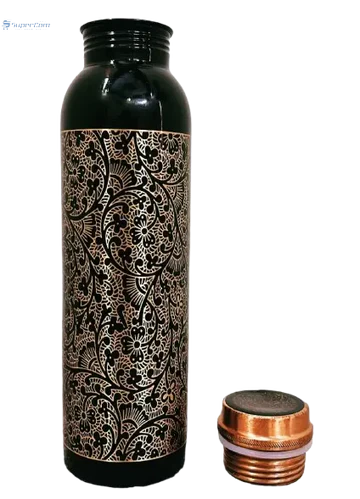 32 oz Black Floral Copper Water Bottle Ayurvedic Pure Copper Drinkware with Leak-Proof Lid