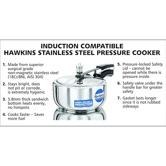 Hawkins HSS3W Stainless Steel Pressure Cooker 3 Liter – Wide Body, Induction & Gas Stove Compatible