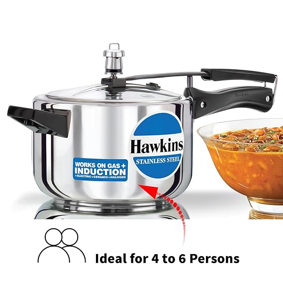 Hawkins HSS60 Stainless Steel Pressure Cooker 6 Liter – Wide Body, Induction & Gas Stove Compatible
